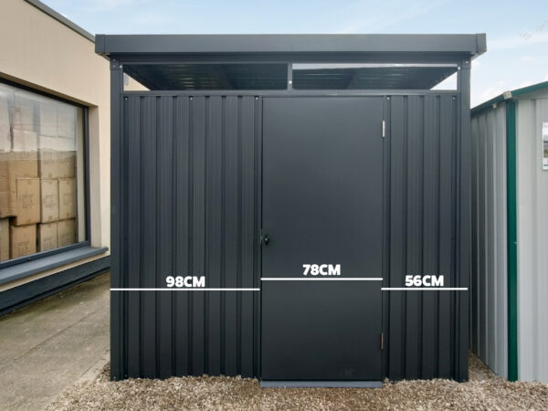 The front of the panoramic shed, showing the offset door with measurements. The section to the left is 98cm wide to the door. The door itself is 78cm and the right part is 56cm wide.