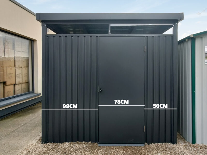 The front of the panoramic shed, showing the offset door with measurements. The section to the left is 98cm wide to the door. The door itself is 78cm and the right part is 56cm wide. 