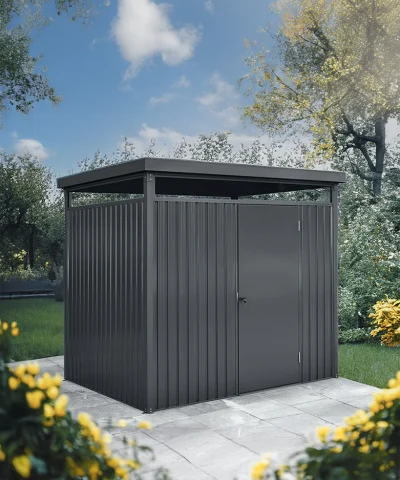 The panoramic shed in a flower-filled garden