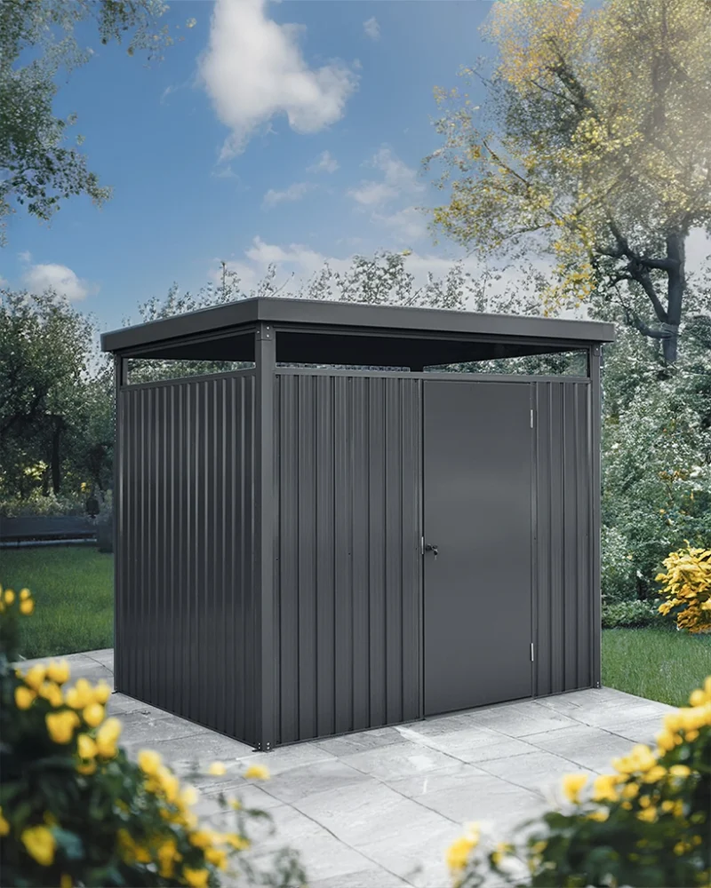 The panoramic shed in a flower-filled garden