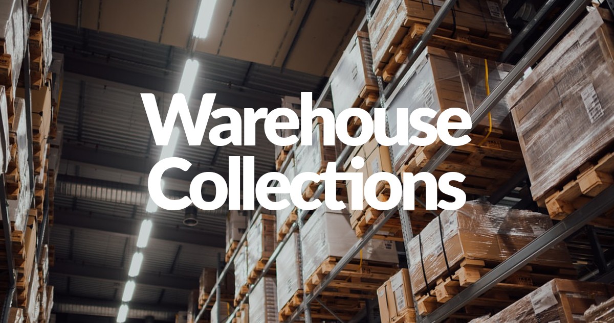 A picture of a warehouse aisle, stocked fully and all the products are wapped in a clear plastic. The Fluorescent lights are on and the shelves are a red-brown. On top of this it says 'Warehouse Collections'