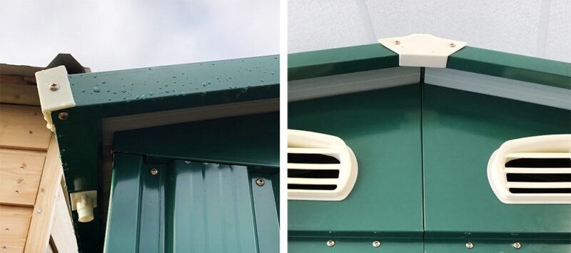 The overhang on the roof of the green metal garden sheds. It is about 2 inches over the walls of the shed
