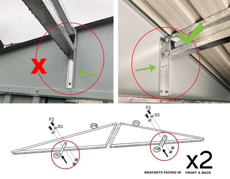 the internal roof brackets are shown facing in the wrong direction on the left and facing 'inwards' i.e. the right direction on the right.