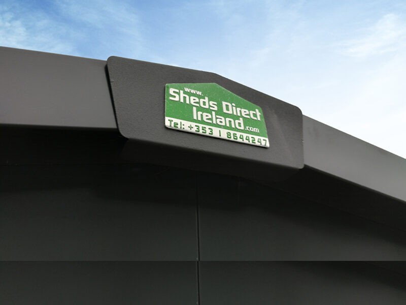 The apex of the premium shed with the metal sheds direct Ireland logo on it