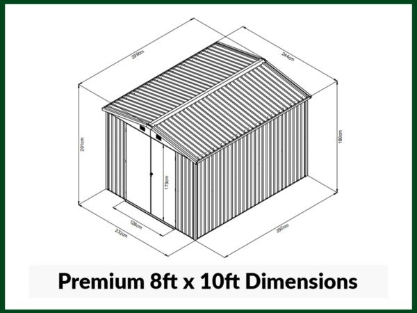 The dimensions for the 8ft x 10ft premium steel garden shed