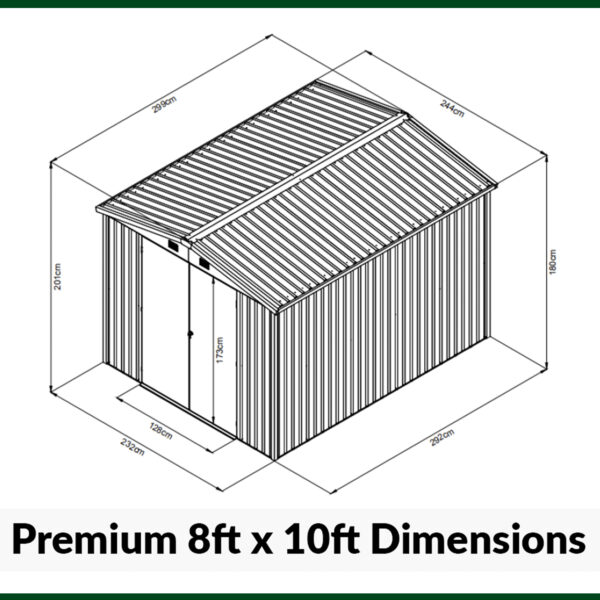 The dimensions for the 8ft x 10ft premium steel garden shed