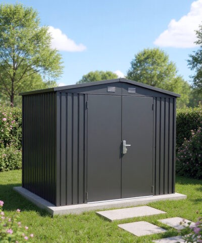 The apex 8ft x 6ft garden shed on a concrete slab in a county garden