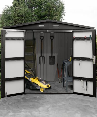 The premium apex shed with both doors opening, showing a lawnmower and many tools inside. The background is an rural Irish scene