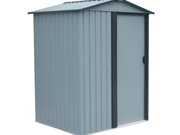The Tiny Garden Shed at a 45 degree angle with the door closed. It's light grey against a white background.