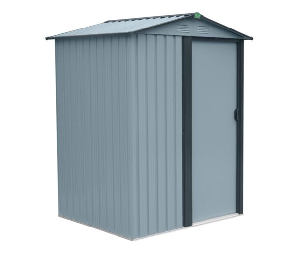 The Tiny Garden Shed at a 45 degree angle with the door closed. It's light grey against a white background.