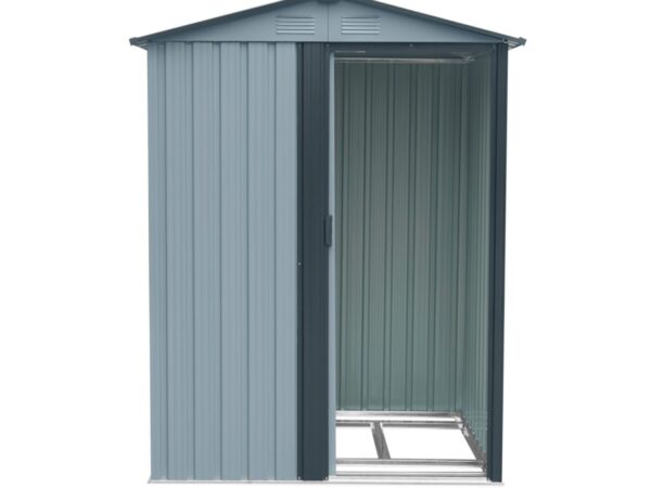 A front facing view of the Tiny Shed. It's a garden shed that's very small, the door is open the internal frame inside is visible and there is a charcoal grey trim around it.