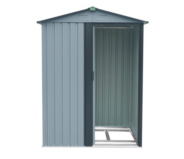 A front facing view of the Tiny Shed. It's a garden shed that's very small, the door is open the internal frame inside is visible and there is a charcoal grey trim around it.