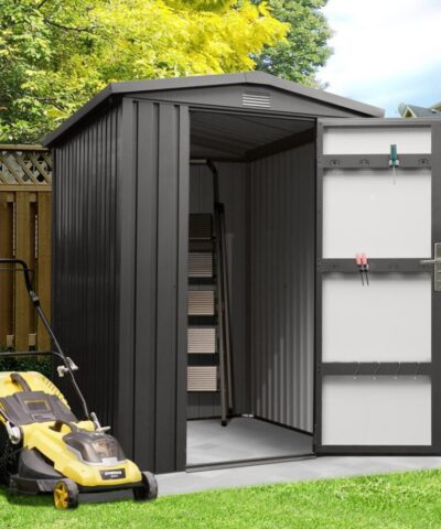 Premium Apex Shed 6ft x 5ft. It's a black-grey colour and the door is opening showing the gpaler grey inside.