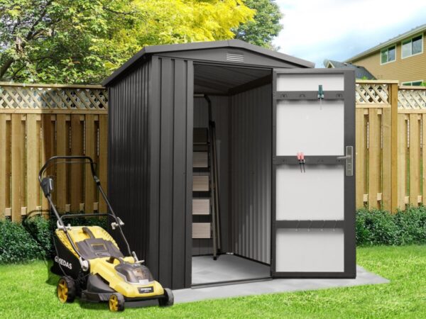 Premium Apex Shed 6ft x 5ft. It's a black-grey colour and the door is opening showing the gpaler grey inside.