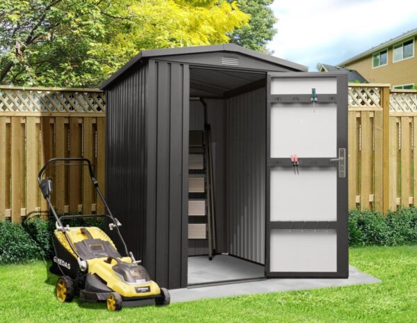 Premium Apex Shed 6ft x 5ft. It's a black-grey colour and the door is opening showing the gpaler grey inside.