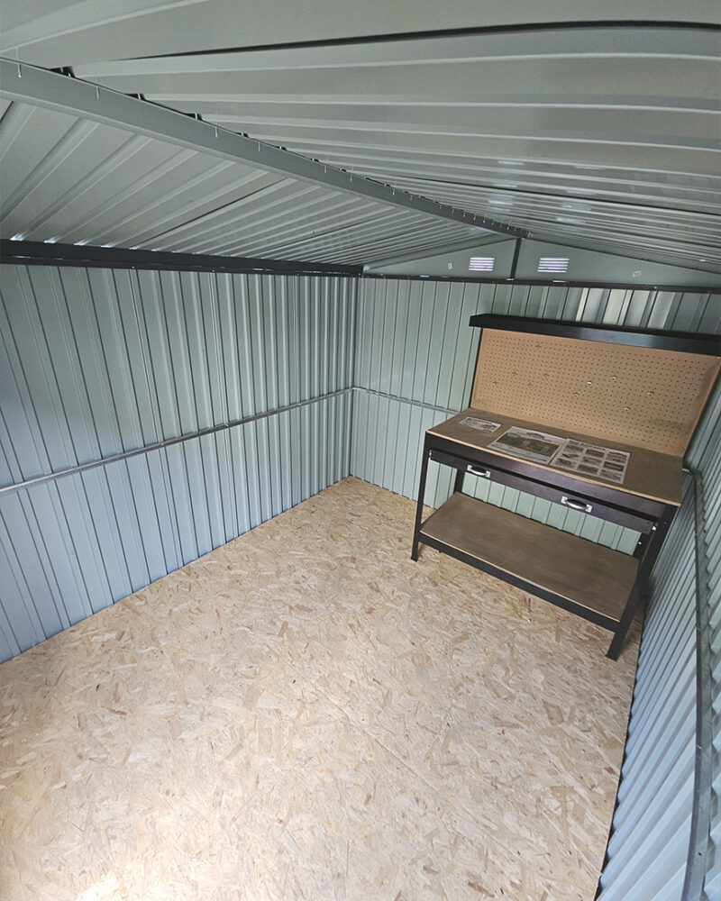 Inside the premium apex. 8ft x 10ft steel garden shed