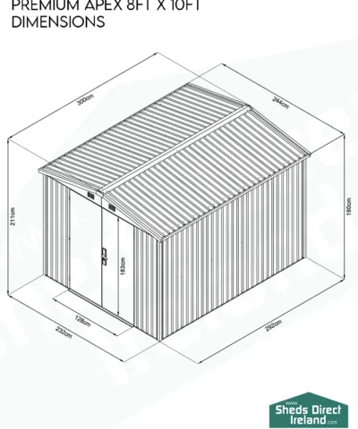 Dimensions diagram for the Premium Apex 8ft x 10ft Garden Shed