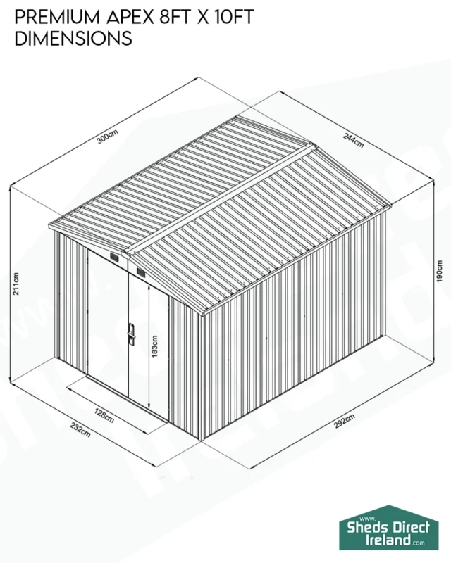 Dimensions diagram for the Premium Apex 8ft x 10ft Garden Shed