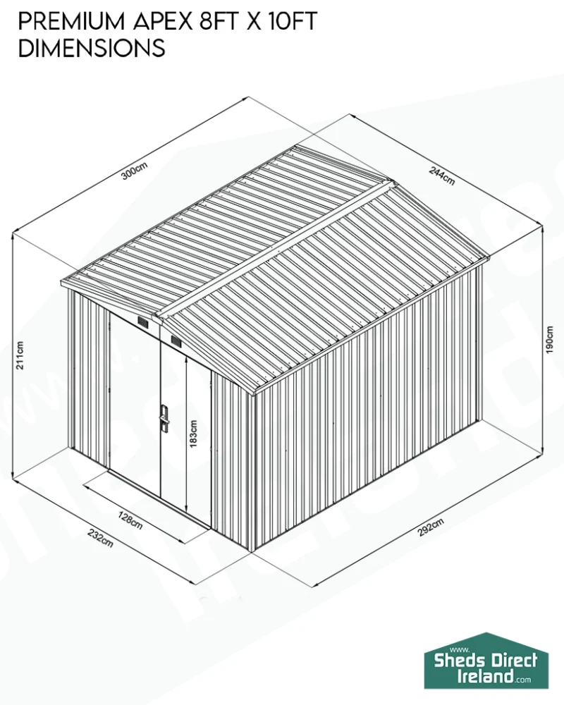 Dimensions diagram for the Premium Apex 8ft x 10ft Garden Shed