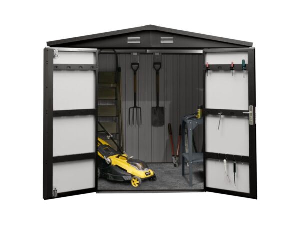 8ft wide x 6ft deep Premium Steel Shed against a white background. The doors are open and there are tools hanging on the back wall, some on the internal door frame and a yellow lawnmower in the middle.