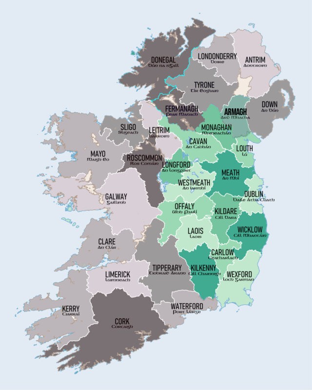 A map of Ireland with the counties Dublin, Meath, Louht, Kildare, Wicklow, Wexford, Carlow, Kilkenny, Laois, Offaly, Westmeath, Longford, Cavan, Monaghan & Armagh highlighted. 