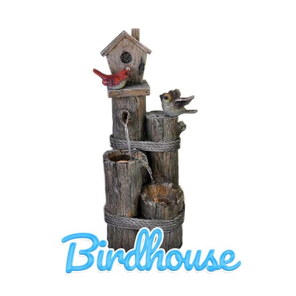 A Birdhouse Water Feature against a white backdrop