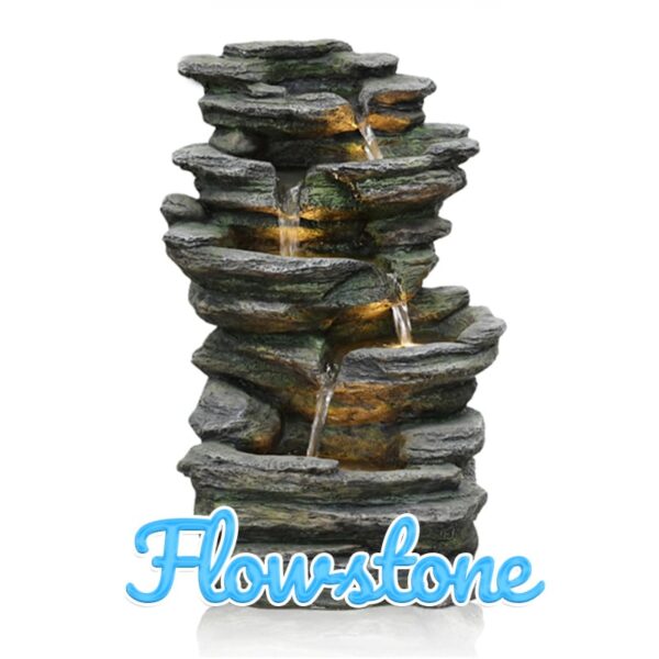 A collection of loosely stacked stones with water tricking down between them. There are LED lights in this Water Feature also.