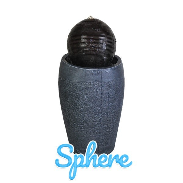A large, grey vase-like structure stands upright with a black sphere sitting on top. The black sphere has a notch in it which pours water out of the centre of it's top and evenly over the sphere.