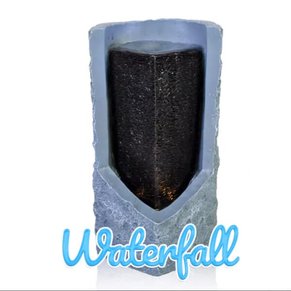 The Waterfall Water feature is perhaps the most unusual looking. It is a cuboid shape which has a jagged pyramid shaped cut into it, which exposes the inner core. The core is a black rectangular mass which water runs down