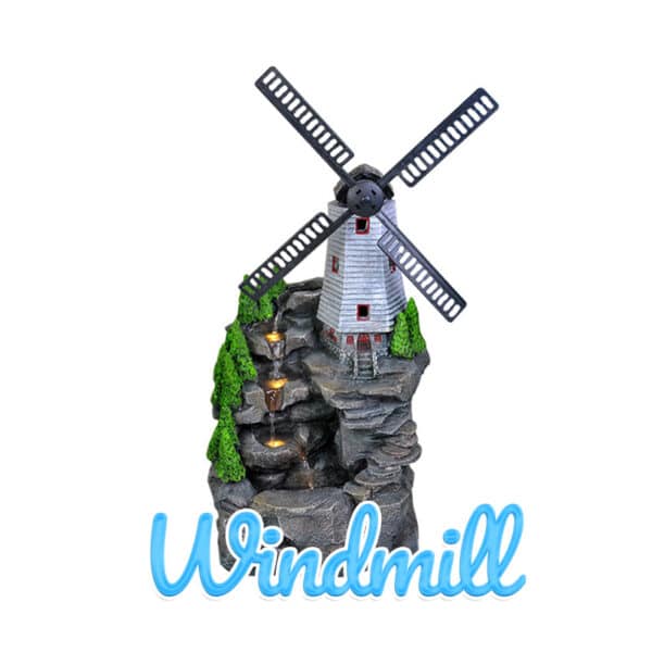 A picturesque windmill sits atop a stoney hill. To the left, water appears from behind the windmill and flows down several steps to a plunge-pool below. The windmill's fans are made of a different material on this water feature.