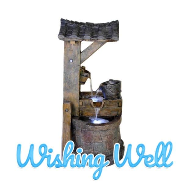 There is a wooden bucket sitting under a sheltered wishing well which is overflowing with water. The water is going from the wooden bucket, into a steel one and back around again.