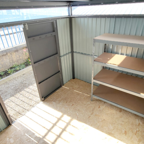 A photo taken from the inside of the premium panoramic garden shed, looking outwards