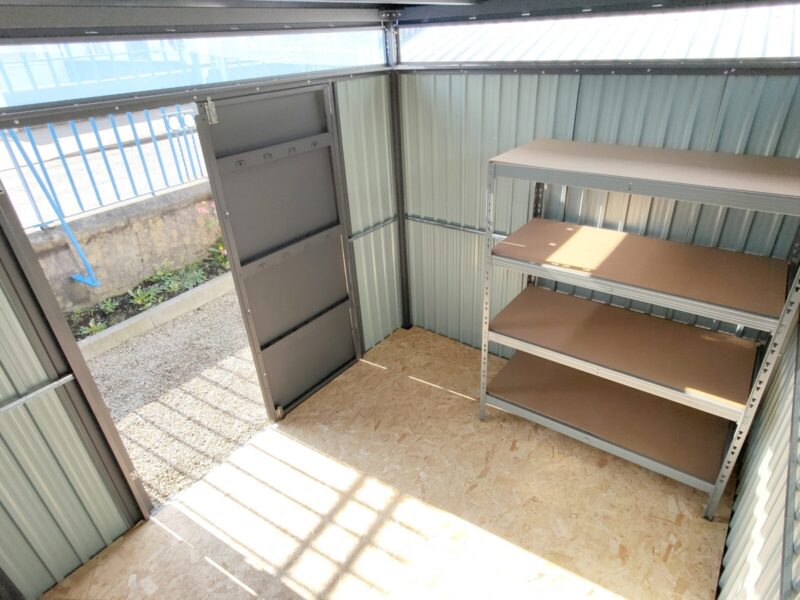 A photo taken from the inside of the premium panoramic garden shed, looking outwards