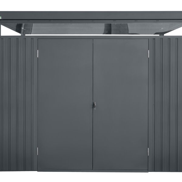 The 8ft wide x 10ft deep Premium Panoramic Shed. It is grey, with double doors and a full width un-openable window above the doors.