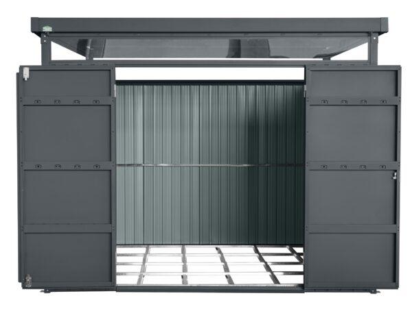The 8ft wide x 10ft deep Premium Panoramic Shed. It is grey, with double doors and a full width un-openable window above the doors. The doors are open on the shed.
