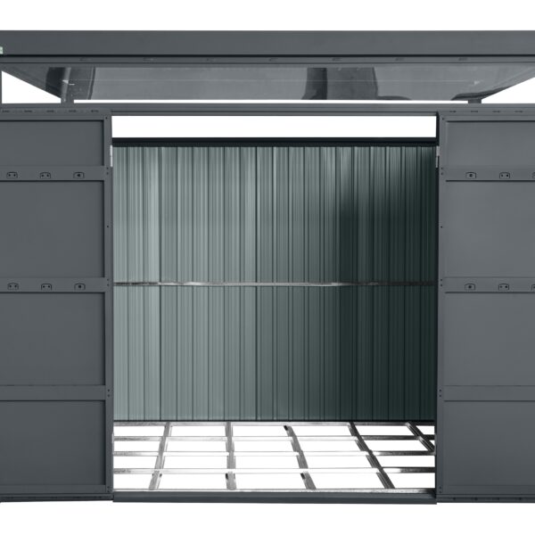 The 8ft wide x 10ft deep Premium Panoramic Shed. It is grey, with double doors and a full width un-openable window above the doors. The doors are open on the shed.