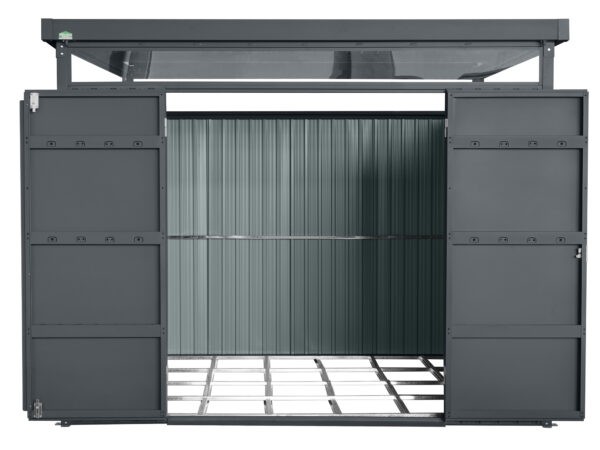 The premum panoramic shed with both doors open as seen from the front. The background is entirely white