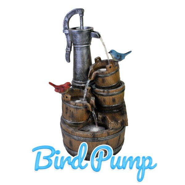 A small blue and a small red bird sit on angled wooden buckets under a lage, old-fashioned water pump.