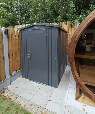 A premium apex shed in a suburban garden