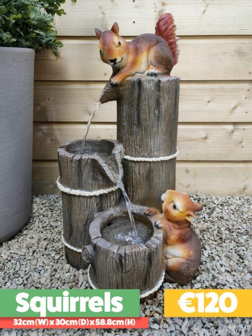 The Squirrels Water feature has two squirrels on it and they are standing on the pots and the water flows between them