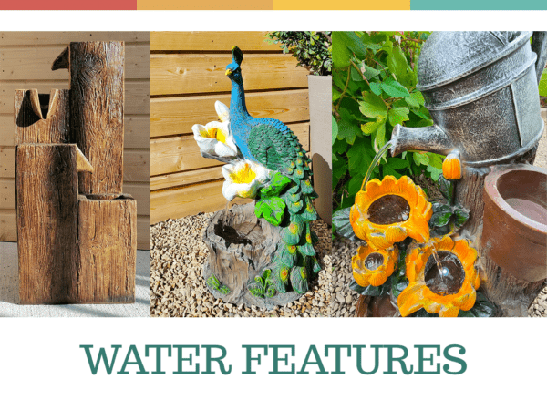 Three water features side by side. The first is a tall wooden one, the second features a peacock and the final has sunflowers being watered by a metal can