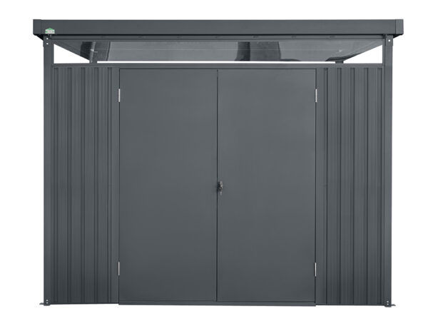 An external studio photo of the premium garden shed. The background is entirely white