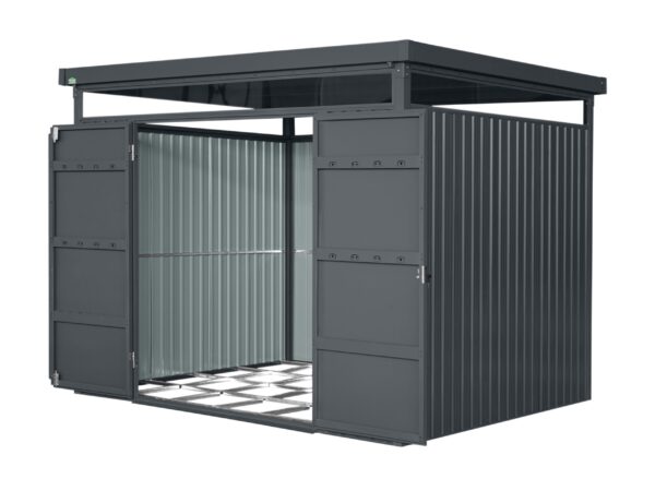 a 45 degree view from the outside of the shed. It has both doors open and the pale grey inside is visible. The background is entirely white.