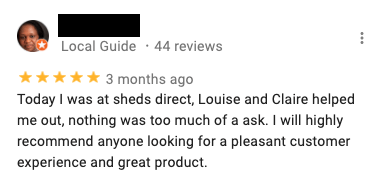 A google review for Sheds Direct Ireland in Dublin, which compliments that quality and installation of the garden sheds