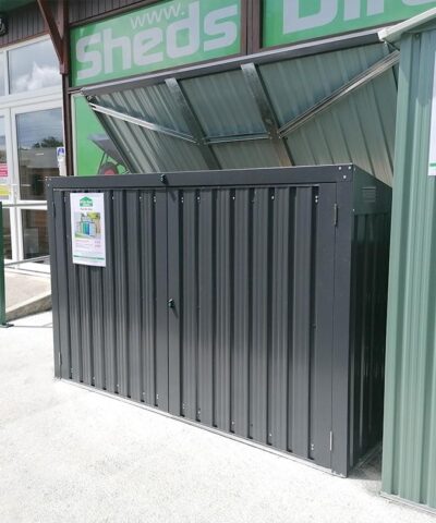 An alternative view of the bin store as seen from the right. The lid is open and the Sheds Direct Ireland showroom is visible behind it.