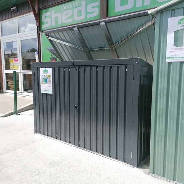 An alternative view of the bin store as seen from the right. The lid is open and the Sheds Direct Ireland showroom is visible behind it.