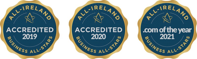 Three award insignias from the All Ireland Business All Stars. The first denotes accreditation in 2019, the second for 2020 and the third reads '.com of the year 2021' 