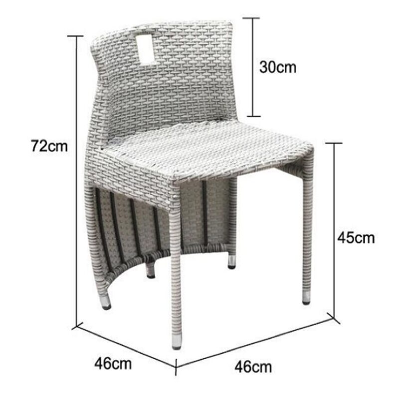 The balcony chair from the balcony table and chairs set against a white background with the dimesnions overlaid. It is 72cm tall, 46cm wide and the seat is 45cm off the floor. 