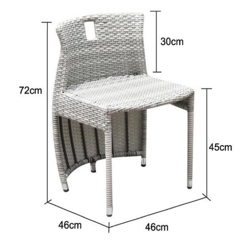 The balcony chair from the balcony table and chairs set against a white background with the dimesnions overlaid. It is 72cm tall, 46cm wide and the seat is 45cm off the floor. 