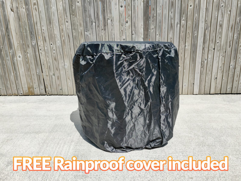 The black Raincover for the fold-in table and chairs set. It reads 'FREE rainproof cover included'